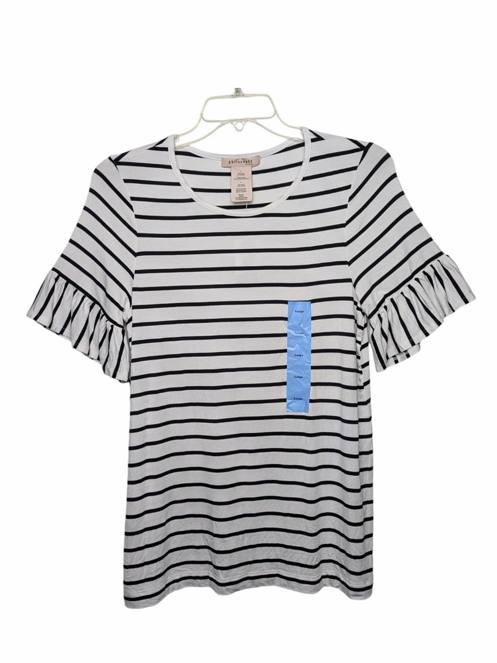 Philosophy Black and White Striped Ruffle Sleeve Tee - Picture 1 of 6